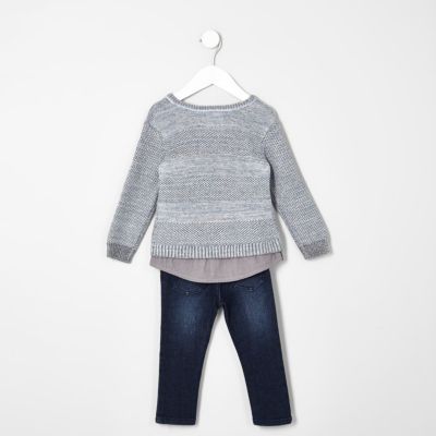Mini boys grey knit jumper and jeans set